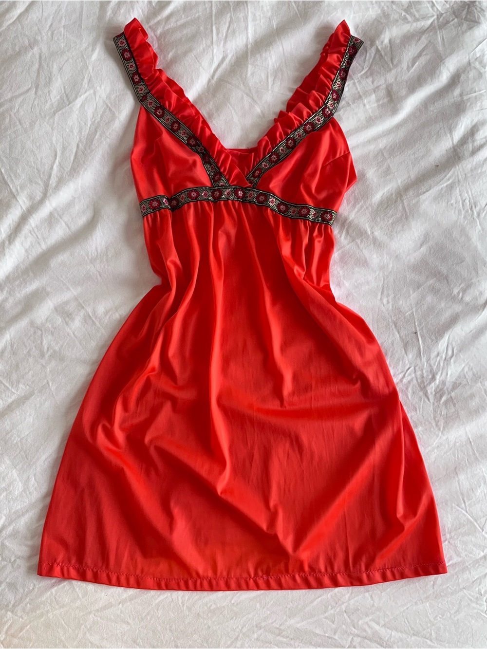 Vintage 1970s Vermillion Red Ruffle V-Neck Slip Dress